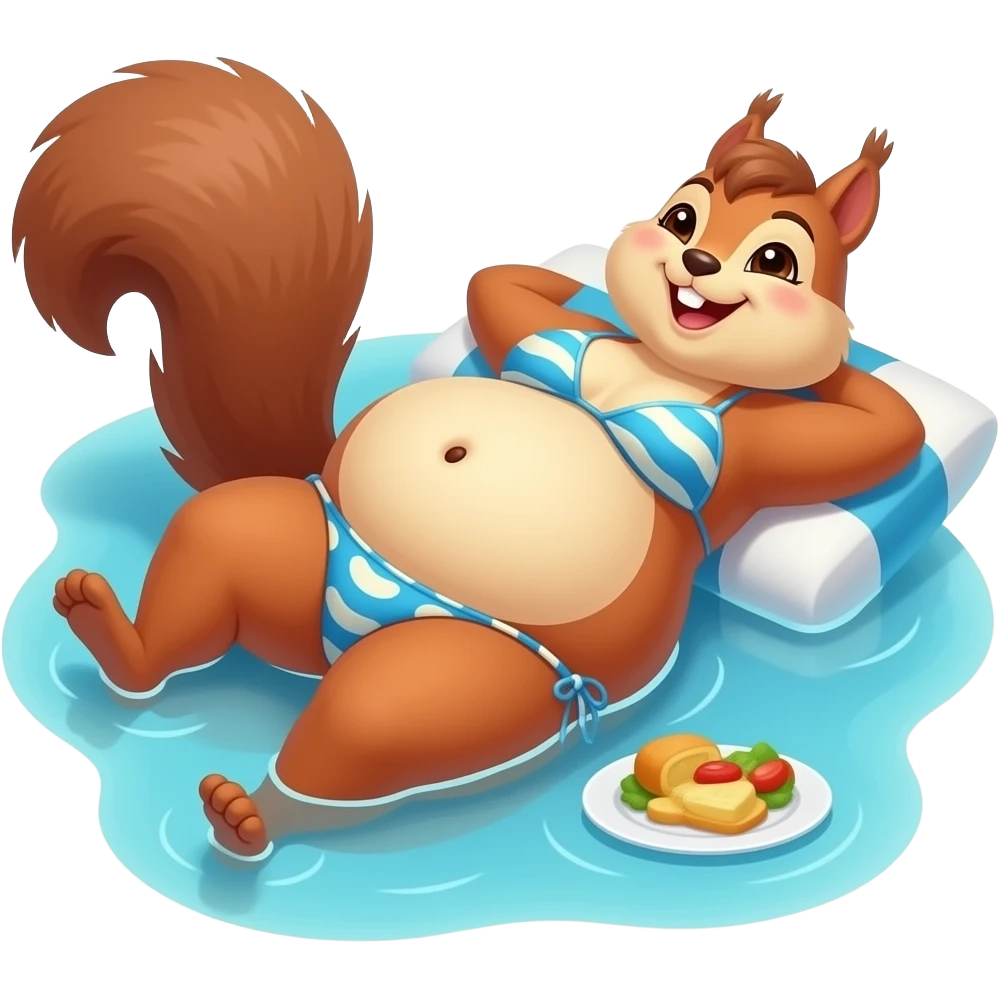 The female squirrel enjoys the beach holiday in her swimmers,but she is so full from a lunch break that she is about to burst,Then her fat Tummy rolls & drops out,she will just lay on her back in the shallow cool water,her gluttonous bellybutton promotes a good resort business. emoji