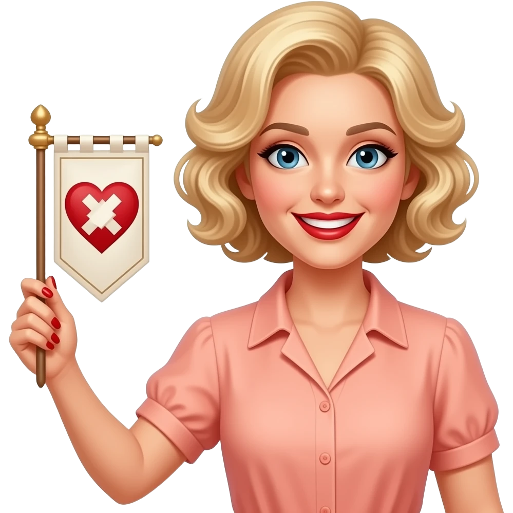 Short blond hair in spiral curls with a love it in a victorian banner with red nails in a  short sleeve peach blouse in red lipstick emoji