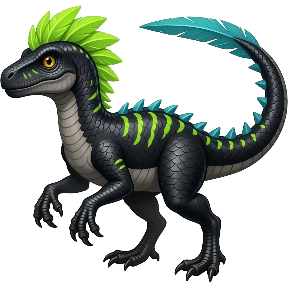 Cool edgy ancient black-scaled with neon-colored stripe markings digitigrade bipedal vintage futuristic raptorik fantasy-Cyberpunk-Steampunk-Solarpunk-Genesect-Salamence-Cyclizar-Salazzle-Feraligatr-Fakémon-animal-hybrid, with neon feather-mane, and a tail blade, back spikes, full body emoji