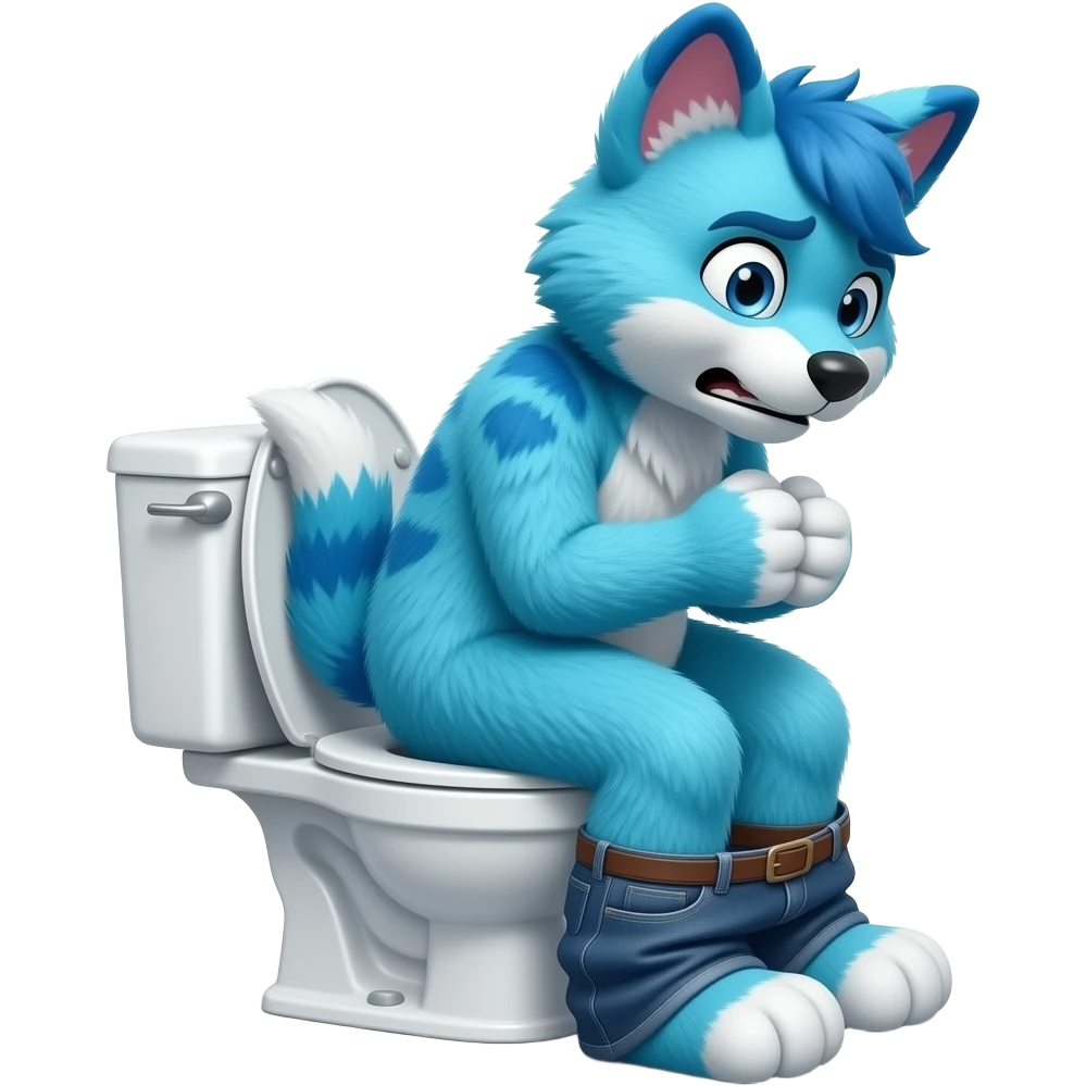 blue fursuit sitting on toilet, side view , pants down, pushing, straining face,  uncomfortable, emoji