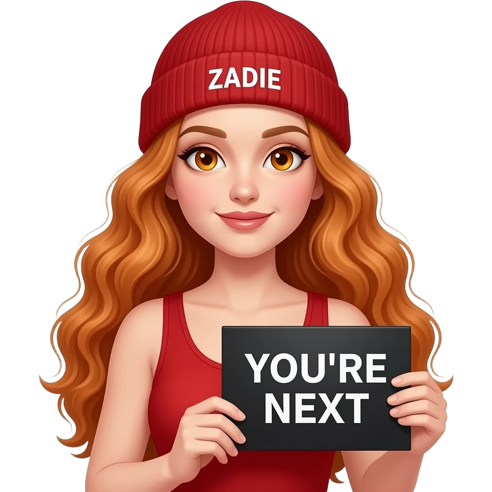 sexy girl with overlong wavy ginger hair and ginger eyes wearing a red tanktop and a red beanie with ZADIE written on it, is holding a black sign with YOU'RE NEXT written on it emoji
