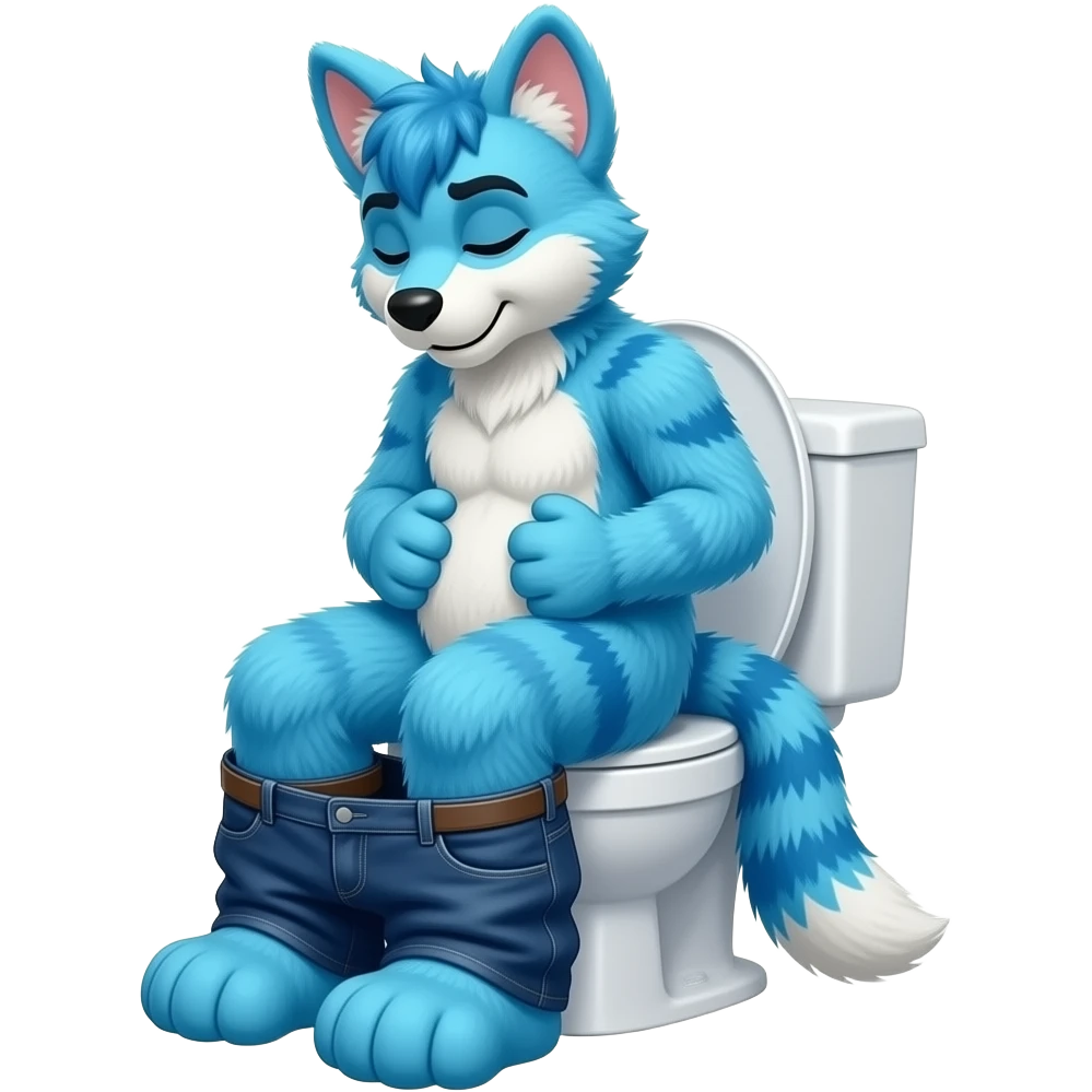 blue fursuit sitting on toilet, side view, pants down, sitting on toilet, side view, pants down, straining,  eyes closed, pushing, squeezing, hands on stomach emoji