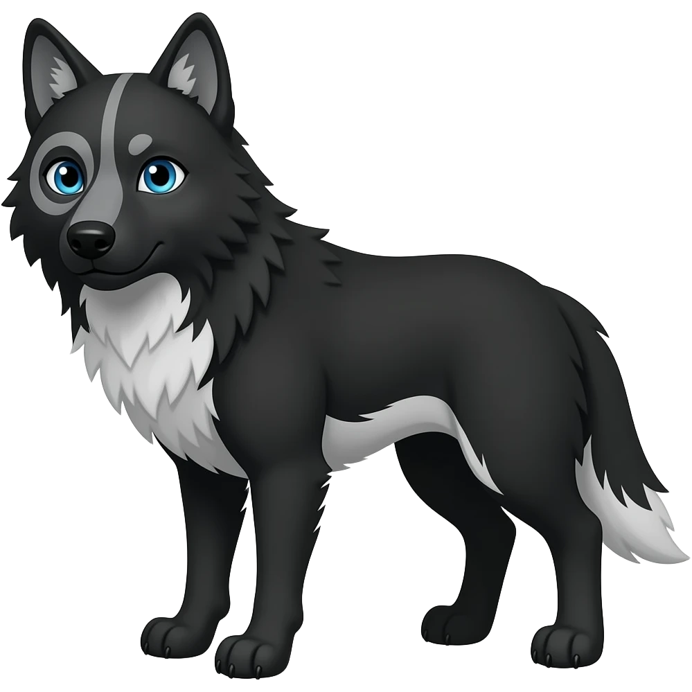 black wolf with blue eyes and a greyish white stripe over the left eye around the eye,  and a bit of white on theunderbelly and tail emoji