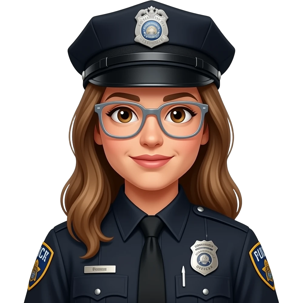 police woman, light complexion, brown/blonde long hair, no hat, Clear colored glasses, badge says (Community Service Officer) black uniform emoji