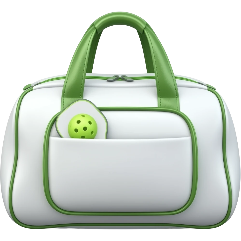 Apple iOS style white sports bag emoji, glossy 3D duffel bag with visible front paddle pocket holding a pickleball paddle, green accent details and piping, minimal luxury design, front-facing, smooth shading, ultra detailed, clean background, premium iOS emoji aesthetic emoji