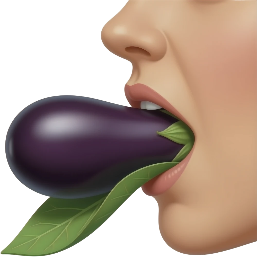Side view of an eggplant deep inside a woman’s mouth leaf side out emoji
