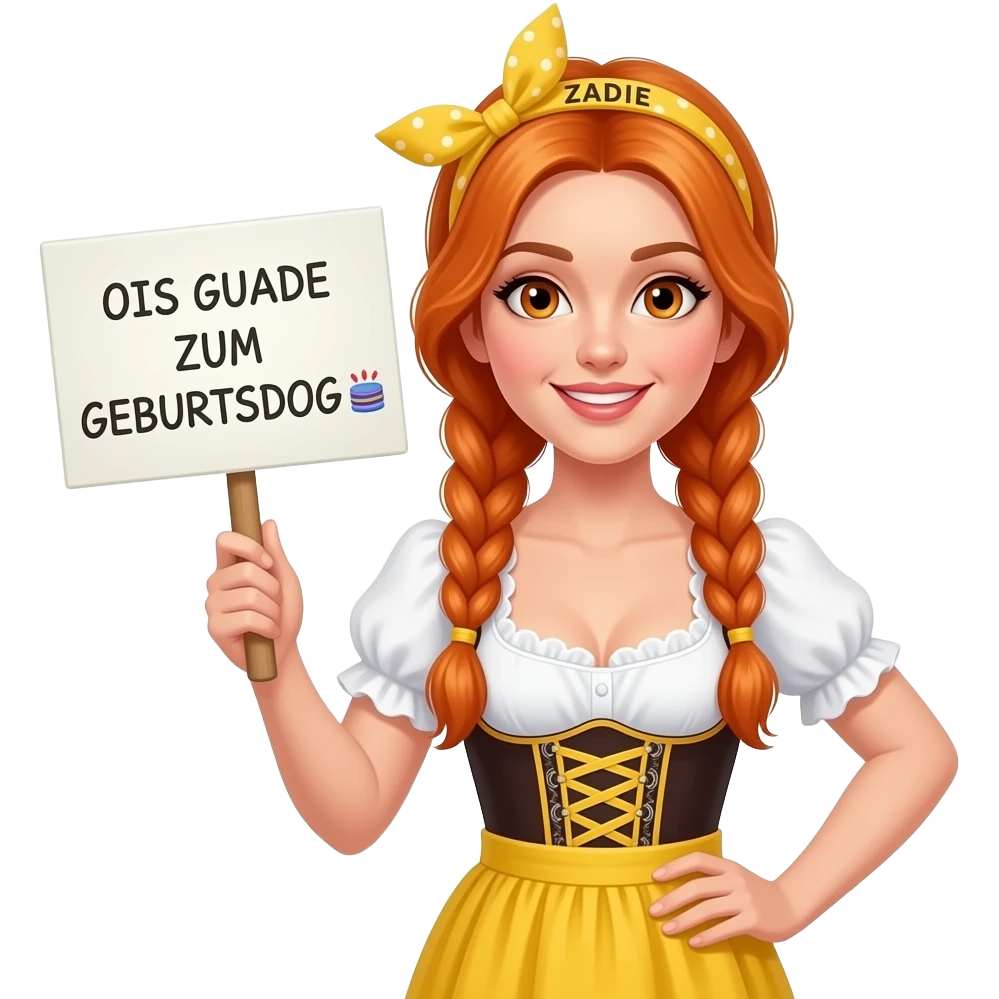 sexy girl with overlong ginger braids and ginger eyes wearing a yellow dirndl and a yellow headband with ZADIE written on it, is holding a sign with OIS GUADE ZUM GEBURTSDOG 🎂 written on it emoji