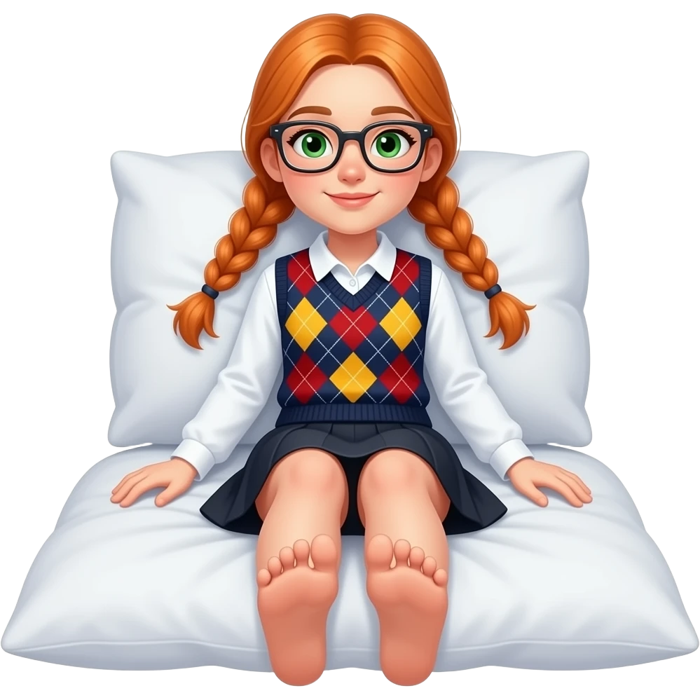 17 year old white woman green eyes orange braided pigtails rectangle glasses white long sleeved polo argyle dark blue red and yellow vest black skirt laying down on her pillow in bed showing her feet emoji