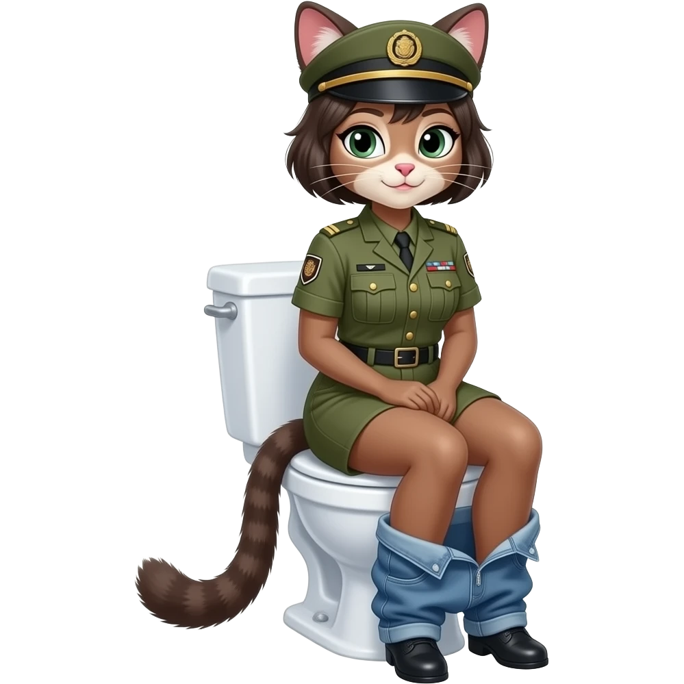 Femlae military fured cat furry woman sit on toilet pants down emoji