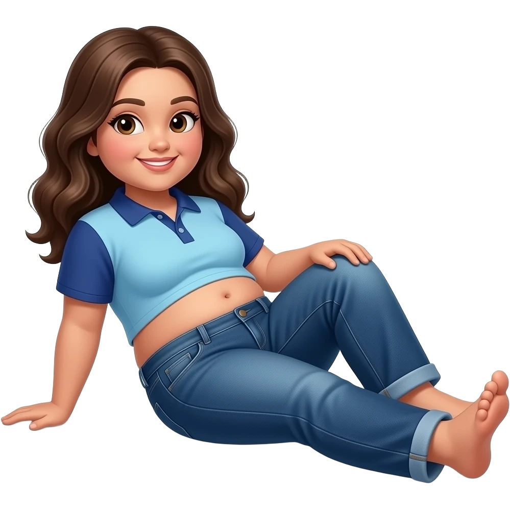 Obese Hispanic girl with brown hair and light blue and dark blue cropped polo with chubby belly button and dark blue baggy jeans laying down showing her toes emoji
