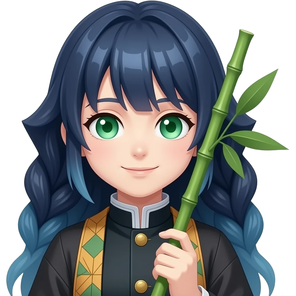 Que se parezca a Nezuco de Demon Slayer pero con los ojos verdes el bambú y pelo azul emoji