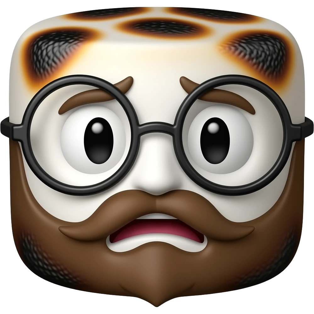 burnt panicked marshmallow with brown beard and glasses emoji