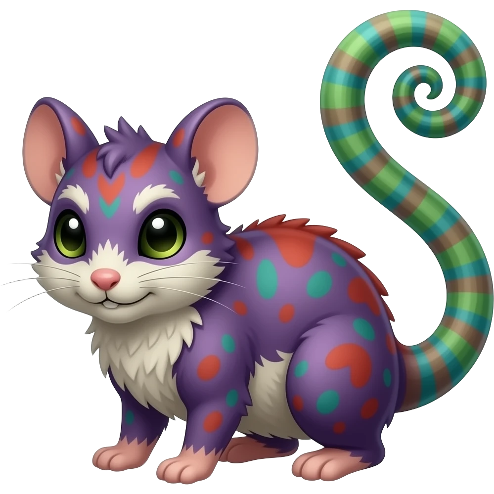 Purplish reddish greenish Rattata-Vaporeon-Litten-Fakémon-hybrid with a chameleon tail emoji