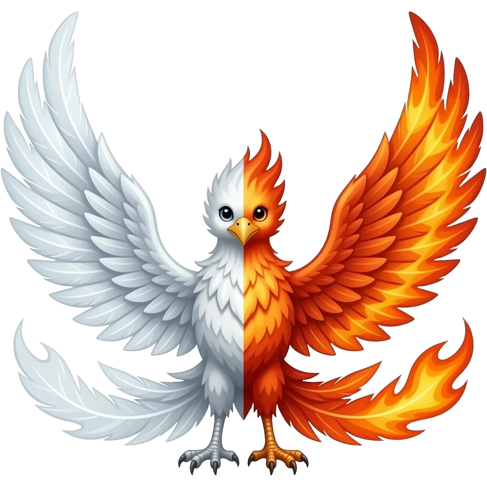 A phoenix with long tail feathers made of transparent white spirit on one side and Fire on the other side facing the camera emoji