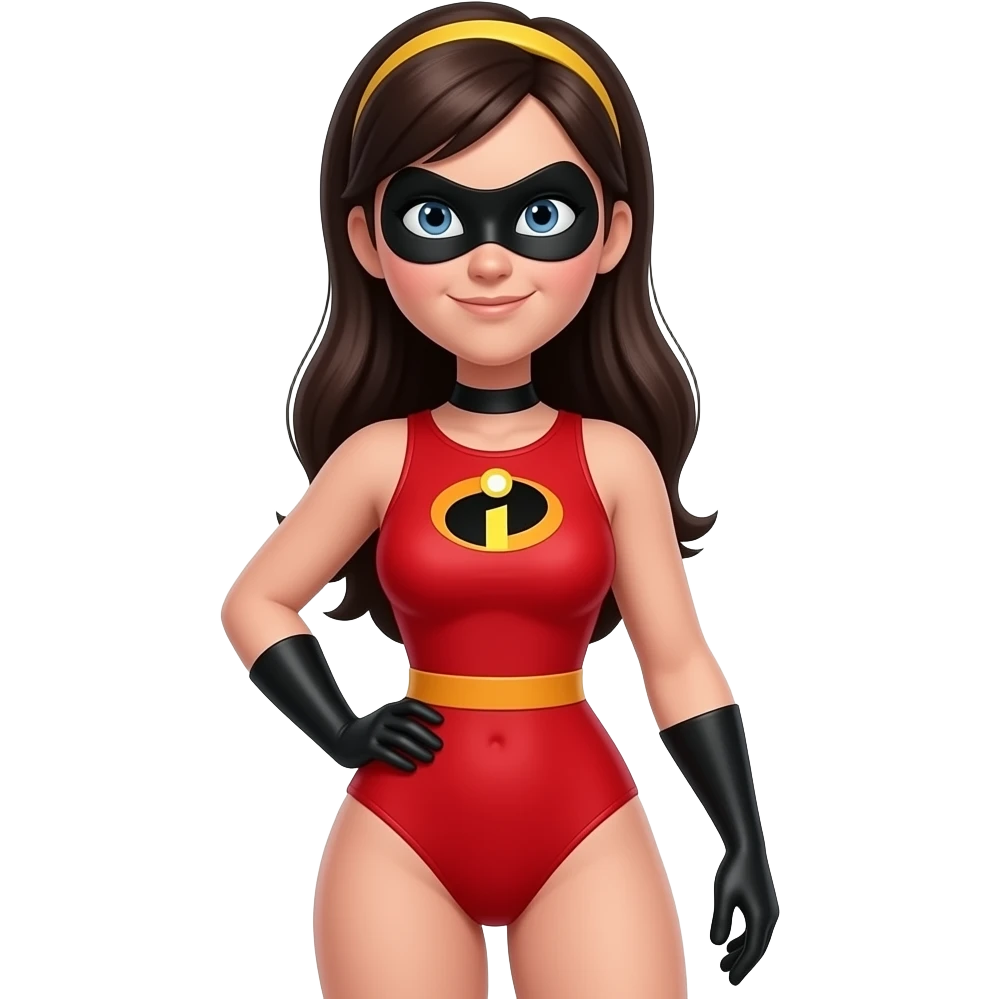 Violet Parr in a red Incredibles 2 piece bathing suit, long black hair, yellow head band, sexy, (fullbody) light skin, black eye mask, curvy body. emoji