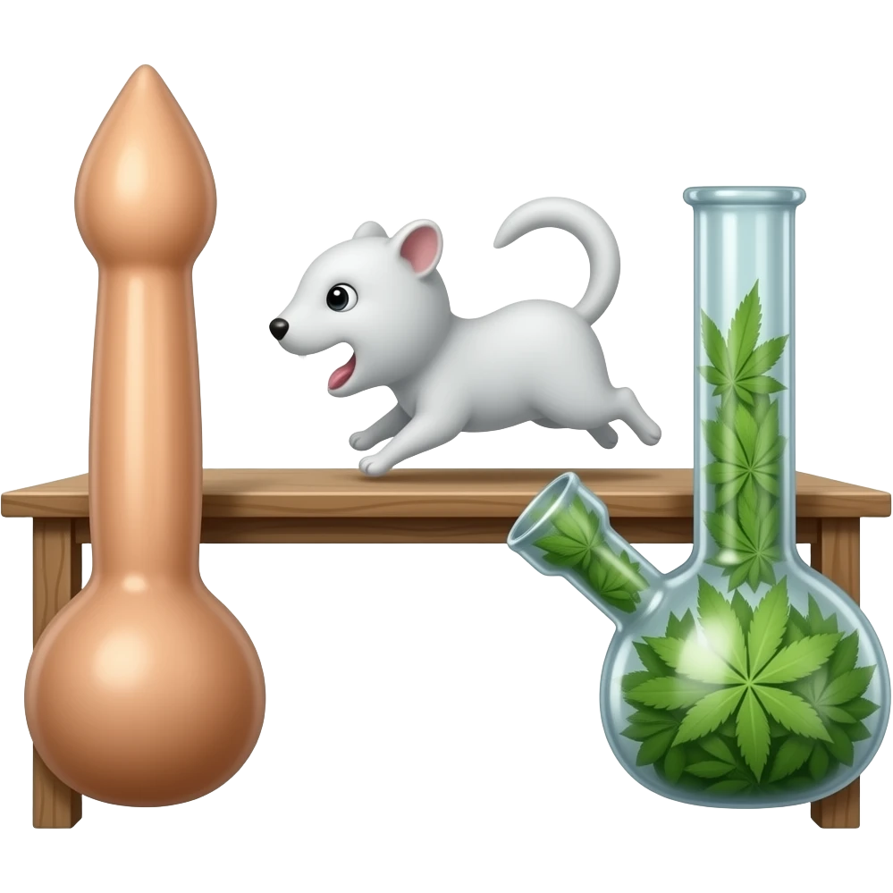 A penis dildo and a weed bong sitting on a table and there is a small white animal with no mouth running on the table emoji