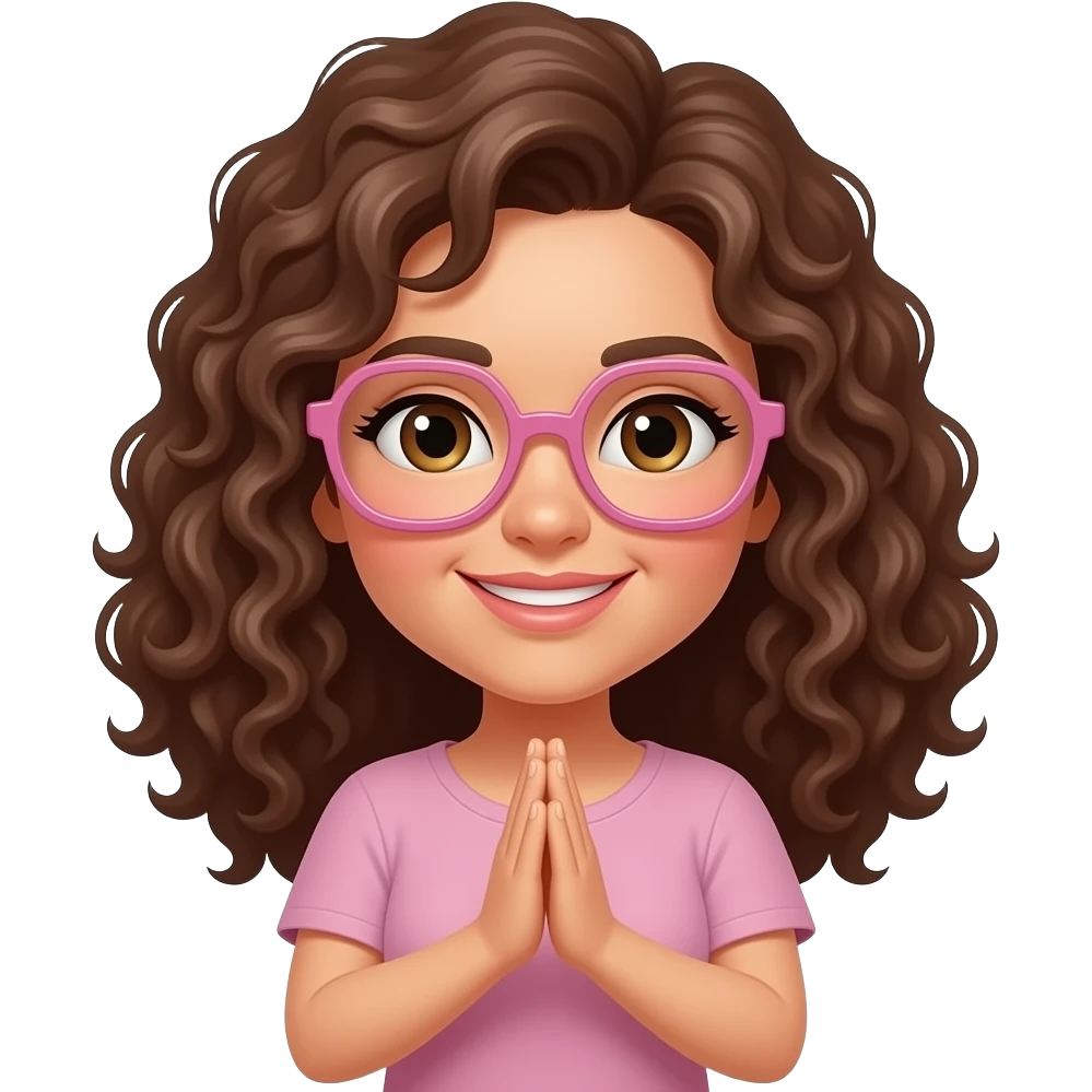 mujer pelo rizado y castaño, gafas rosas exagonales haciendo palmas emoji
