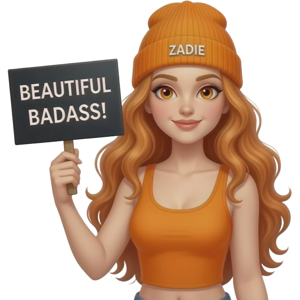 sexy girl with overlong wavy ginger hair and ginger eyes wearing a orange tanktop and a orange beanie with ZADIE written on it, is holding a black sign with BEAUTIFUL BADASS! written on it emoji