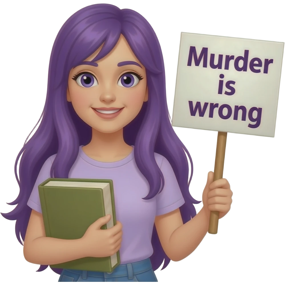 girl with long purple hair with a BOOKS, because MURDER is wrong sign emoji