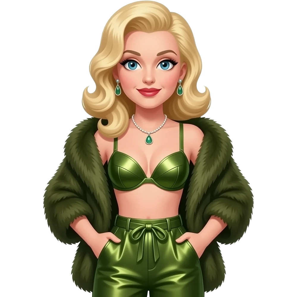 Patty Andrews from The Andrews Singers with blue eyes, long blonde pin-up hair, olive fur shawl, olive metallic bra, olive metallic baggy pants, necklace and earrings emoji