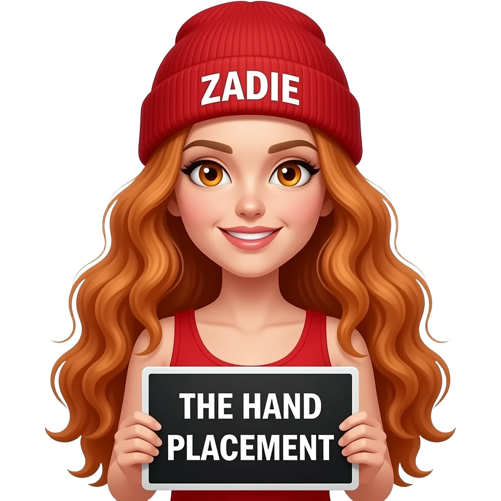sexy girl with overlong wavy ginger hair and ginger eyes wearing a red tanktop and a red beanie with ZADIE written on it, is holding a black sign with THE HAND PLACEMENT written on it emoji