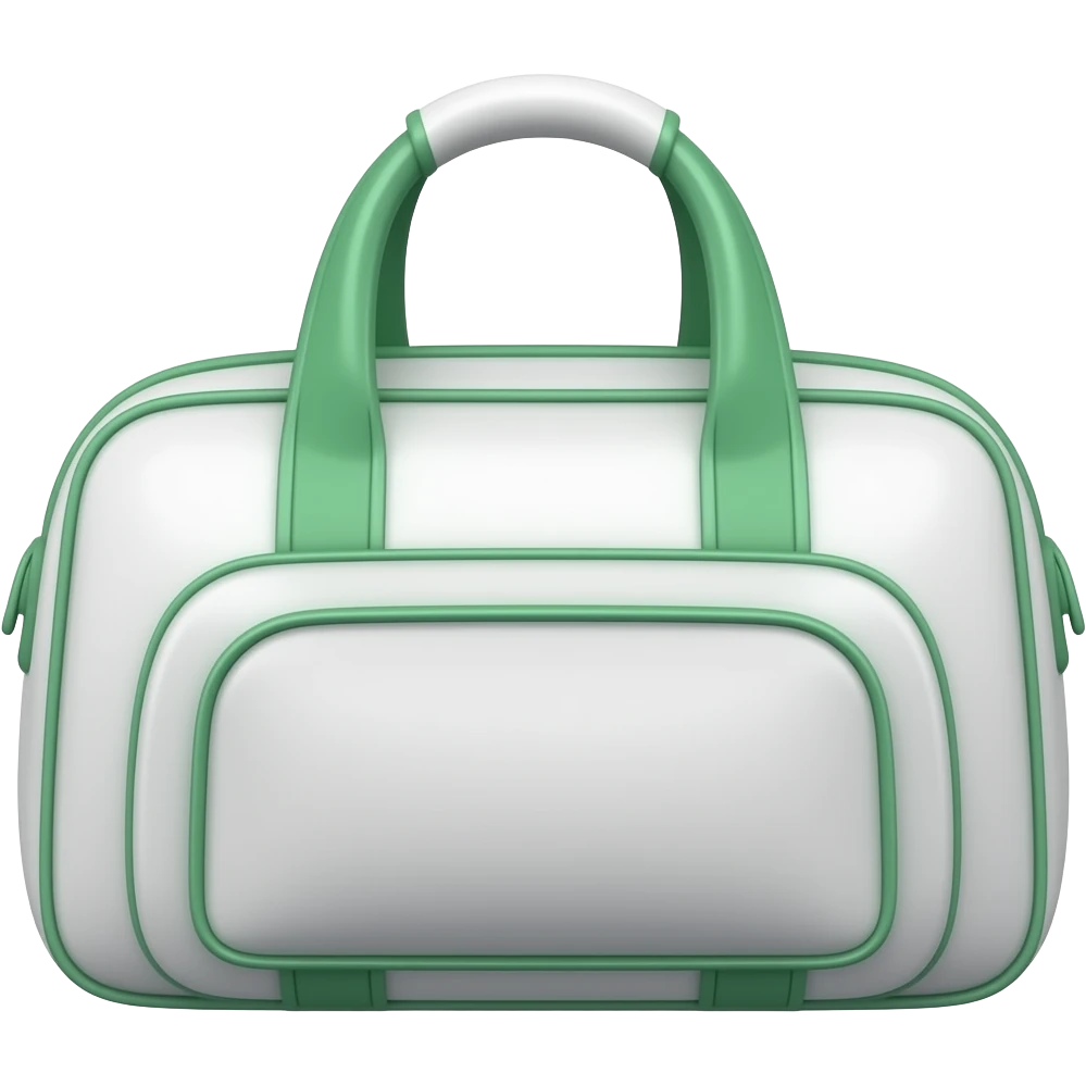 Apple iOS style white sports bag emoji, glossy 3D duffel bag with visible front paddle pocket, green accent details and piping, minimal luxury design, front-facing, smooth shading, ultra detailed, clean background, premium iOS emoji aesthetic emoji