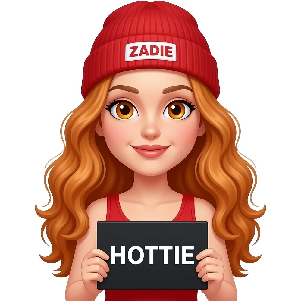 sexy girl with overlong wavy ginger hair and ginger eyes wearing a red tanktop and a red beanie with ZADIE written on it, is holding a black sign with HOTTIE written on it emoji