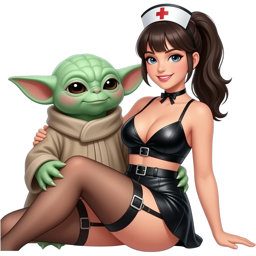 Pony tailed nurse with DD breasts, wearing string bikini, , in black leather 2 piece skimpy outfit, smiling with garter belt  and sitting on Yodas lap emoji