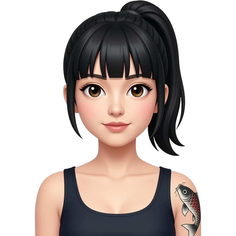 front view Japanese woman with bang and high ponytail, Japanese tattoo on right arm emoji