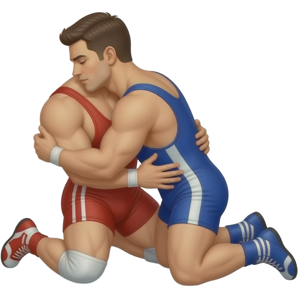 Erstelle ein Bild von zwei sexy Wrestler in kurzen, knappen und engen Wrestler-suits. die beiden haben unterschiedlich Farben an (rot und blau) und sie ringen eng umschlungen und innig miteinander auf dem Boden liegend emoji