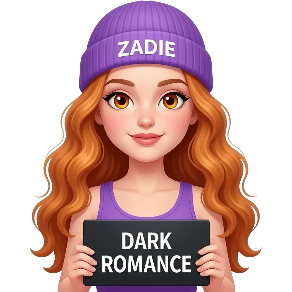 sexy girl with overlong wavy ginger hair and ginger eyes wearing a purple tanktop and a purple beanie with ZADIE written on it, is holding a black sign with DARK ROMANCE written on it emoji