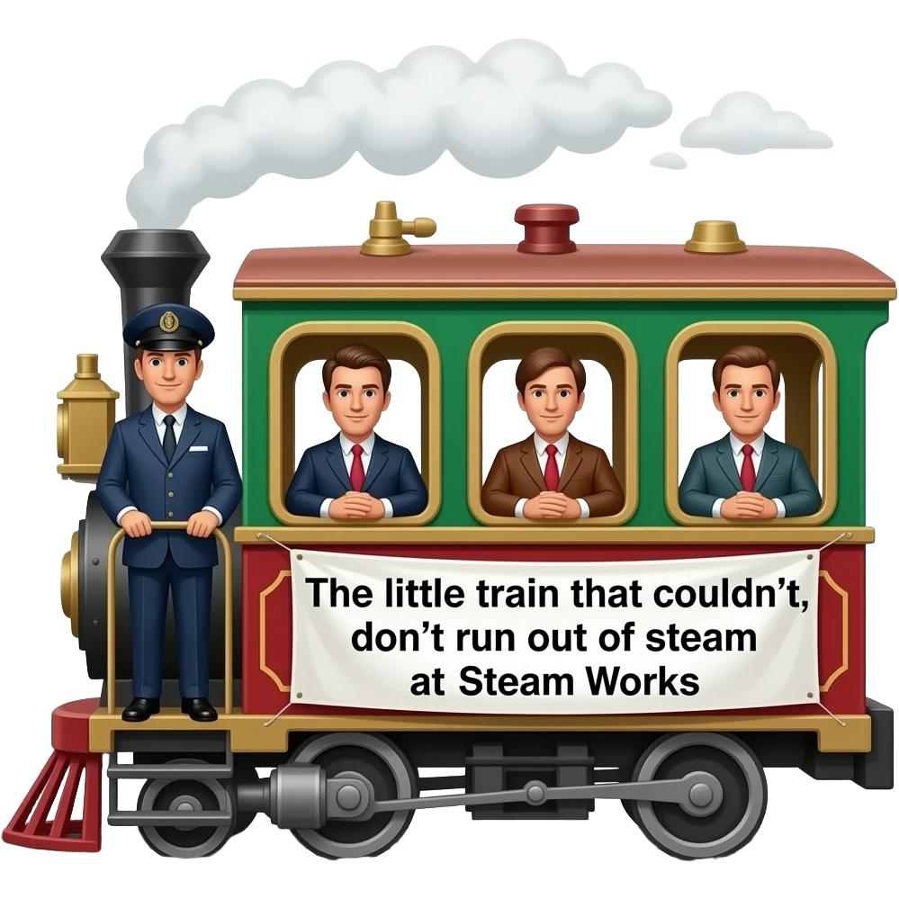 Print text: "The little train that couldn't, don't run out of steam at SteamWorks". Image of Gay leatherman train conductor, gay leatherman passengers on the little train that couldn't. emoji