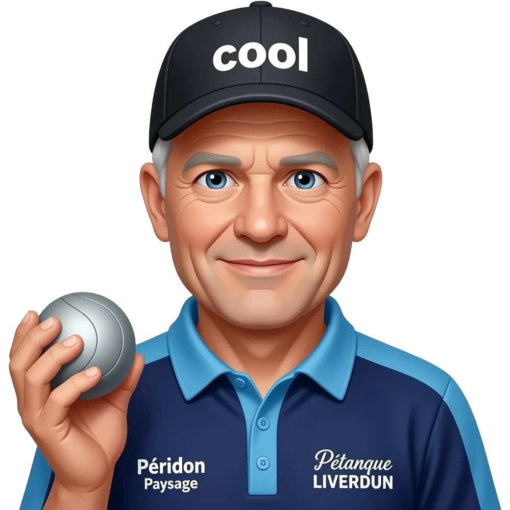 tête homme 70 ans sous casquette noire marquée "cool" avec boule de pétanque grise sur maillot bleu foncé avec col trois boutons bleu clair épaules bleu clair coté droit Pétanque LIVERDUN, côté gauche "Péridon Paysage" emoji