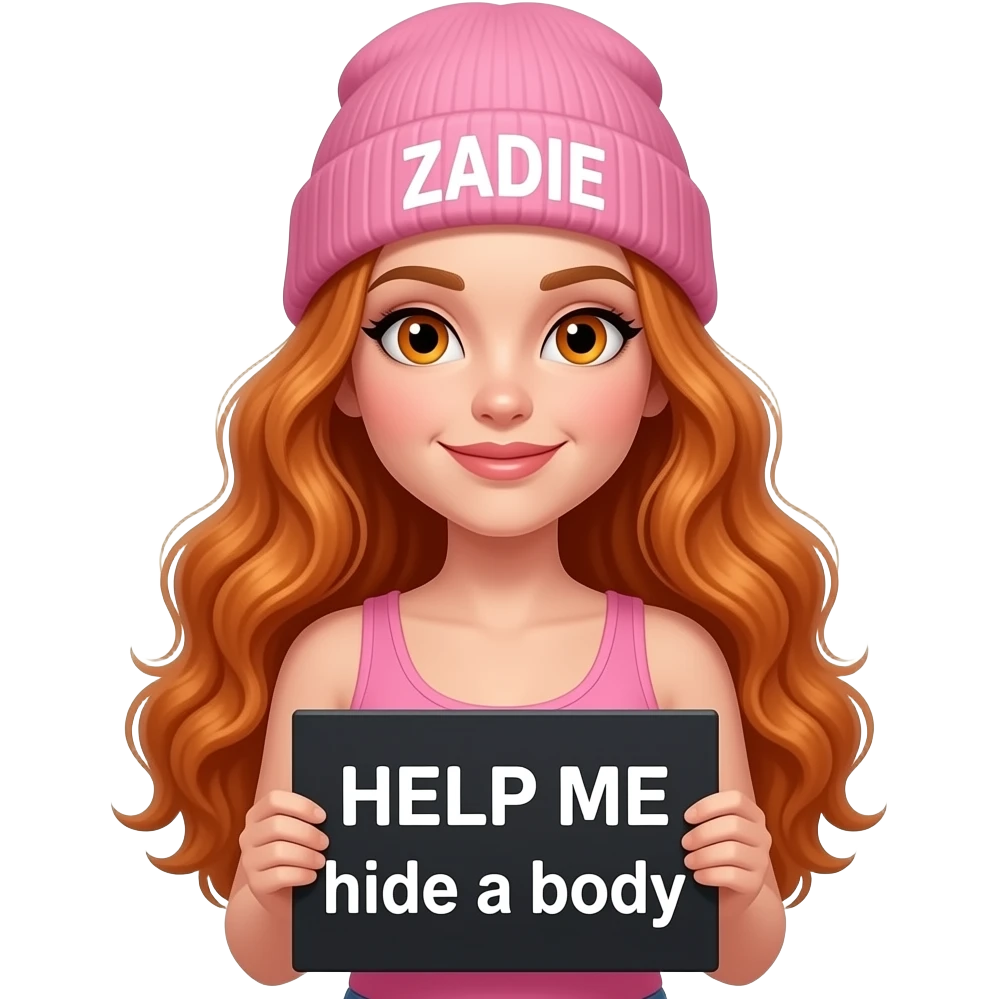 sexy girl with overlong wavy ginger hair and ginger eyes wearing a pink tanktop and a pink beanie with ZADIE written on it, is holding a black sign with HELP ME hide a body written on it emoji