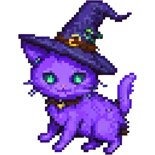 Make the purple witch cat fly in pixel art style with no background, transparent background. emoji