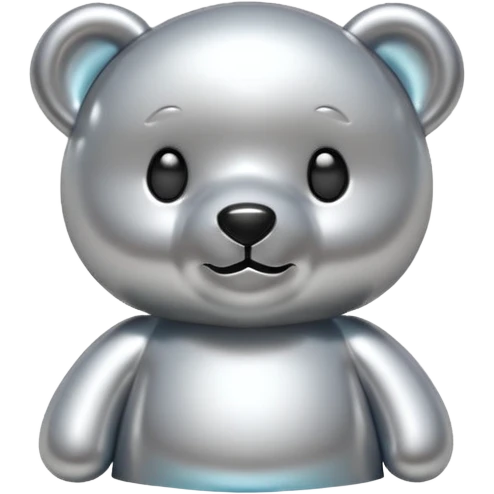 A cute teddy bear emoji made of liquid silver chrome, smooth rounded body, glossy metallic surface, soft reflections, friendly proportions, iOS emoji style, centered, clean white background emoji