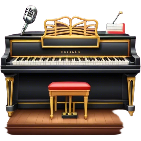 Emoji of the American musical: a retro stage with neon lights, a classic microphone on stage, vintage piano, musical notes, vintage theater curtains, and Broadway-style elements. Avoid focusing solely on the piano. Transparent background. emoji
