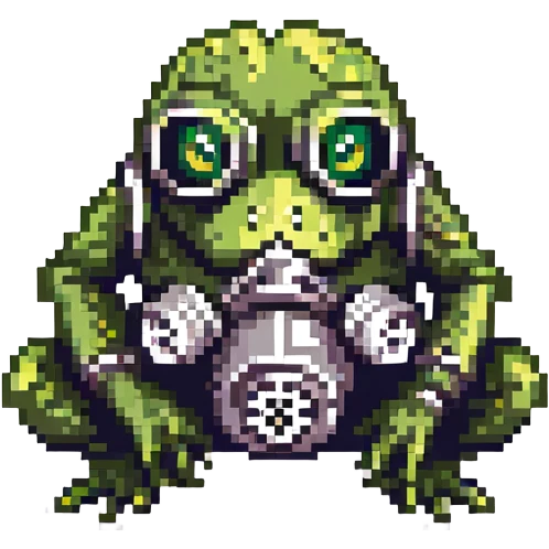 a frog wearing a gas mask, lurking in the shadows like a stalker emoji