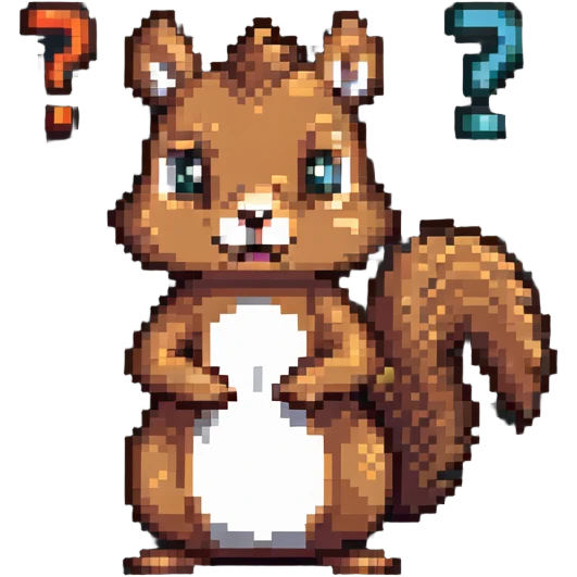 Pixel art squirrel with confused expression and question marks emoji