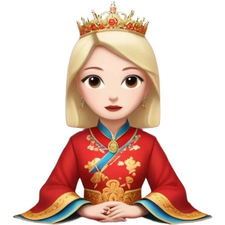 background is UK queen sitting in a Imperial Chinese palace building with red walls, golden roof decorations emoji