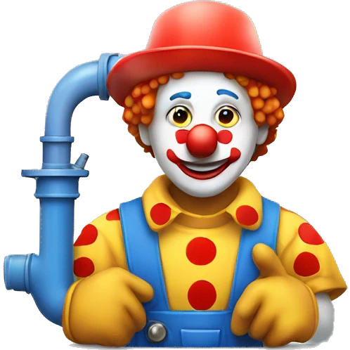 clown face emoji as a plumber sitting and fixing pipe emoji