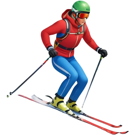 An icon featuring snowy peaks, pine trees, and a picturesque mountain landscape with a skier racing down a snow-covered slope. The sky is blue with soft clouds, capturing the thrill and beauty of alpine skiing. Transparent background highlights the excitement and serenity of winter sports. emoji