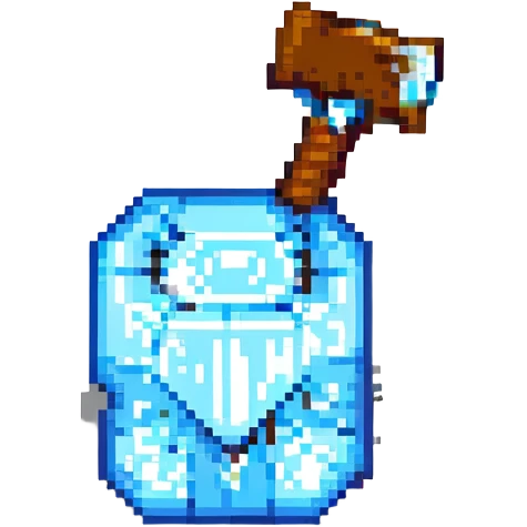 a pixel art pickaxe like in Minecraft game, blue rectangular diamond ore shape, front view emoji