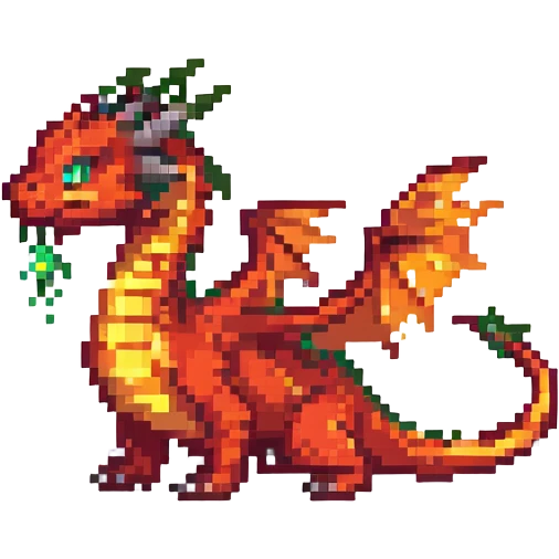 dragon with tiny wings, pixel art style, breathing fire emoji