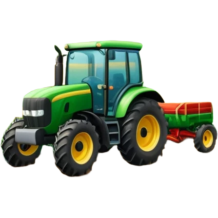 vibrant rural landscape with a tractor plowing fields, inspired by Farming Simulator 22. The design includes lush green fields, a barn, and a scenic countryside with trees and mountains in the distance. Transparent background emoji