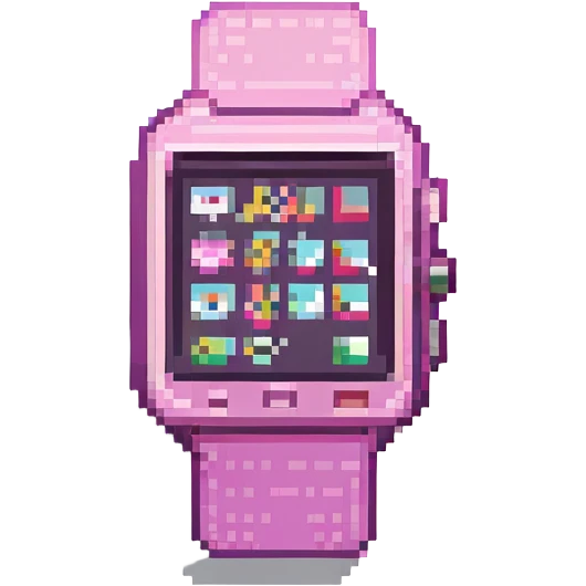 pink smart watch, pixel art style, retro and blocky emoji