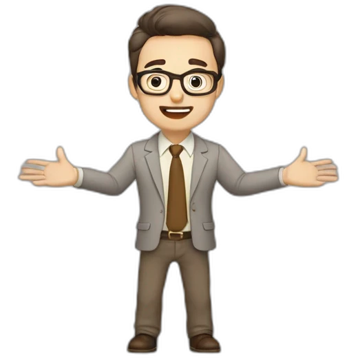 To belt Actively gesturing with hands 👌 Pale skinned fit man with dark brown hair in gray jacket, beige office shirt, brown tie, brown pants and vintage glasses. emoji