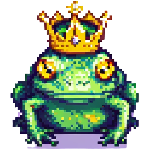 pixel art crowned frog, with a golden crown and big eyes emoji