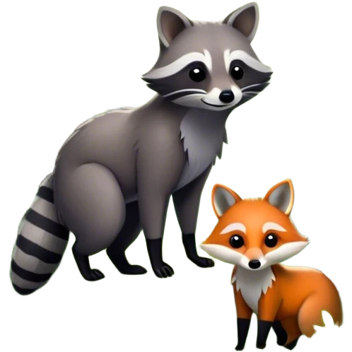 Collage of a raccoon and a fox, in close-up, set in a beautiful forest with tall trees, green bushes, and sunlight filtering through the leaves. Both animals look curious and playful. A vibrant, wild atmosphere with a transparent background. emoji