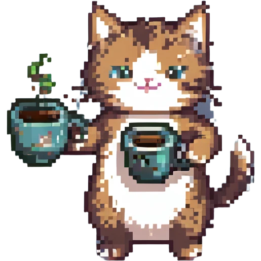joyful dancing cat holding coffee, pixel art style emoji